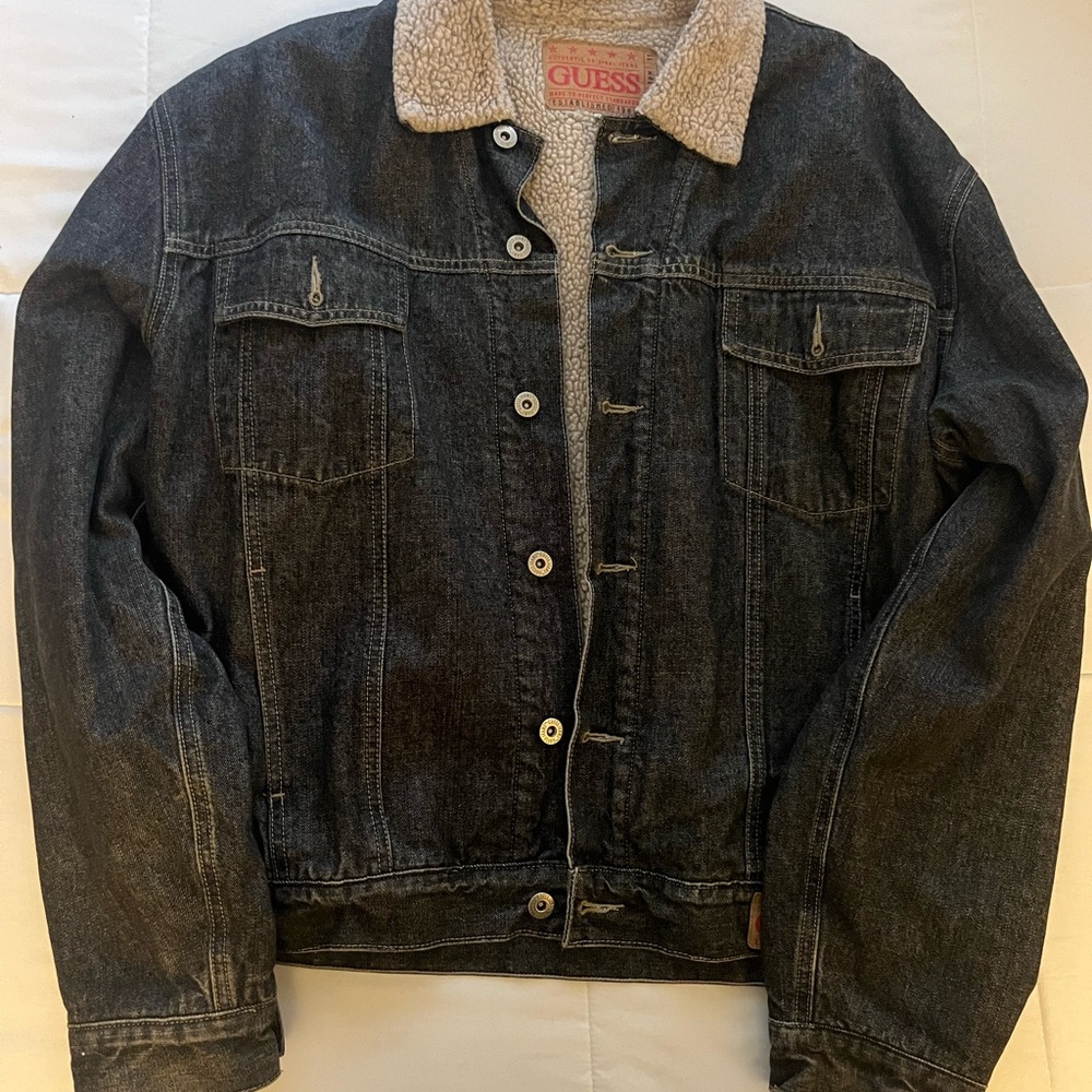 GUESS Men's Black Denim Jacket with Sherpa Collar
